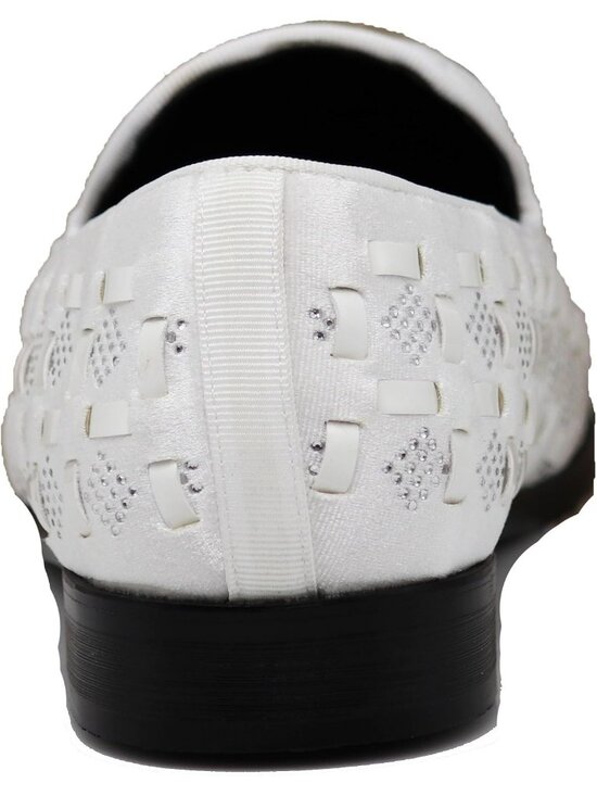 PARRAZO Men\'s White Glitter Rhinestone Loafers Metal Buckle Slip On Formal Shoes
